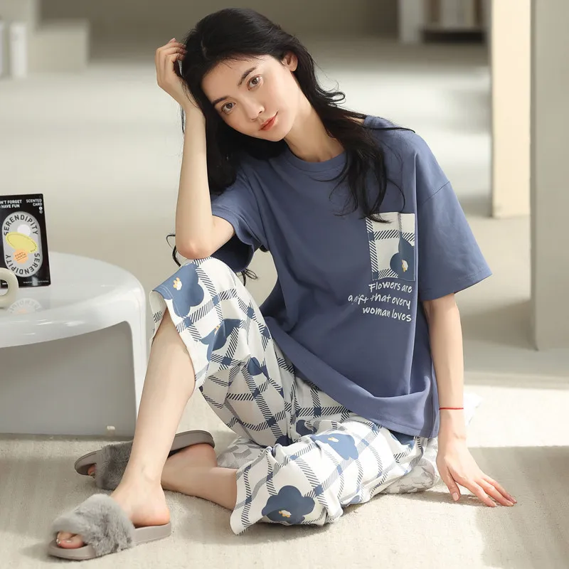 

Korean Fashion Women's Cotton Nightwear Short Sleeves Calf Pant Homewear Summer Breathable Pajamas Set Female Pijamas Mujer