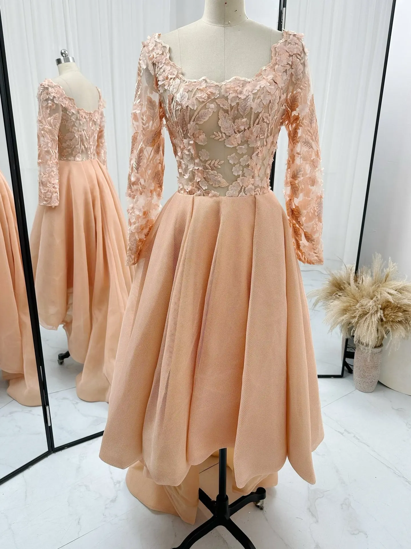 Orange Sweet Net Gauze Flower Long Sleeve Waist Slim Medium Long Trailer Night Evening Dress Skirt M1728