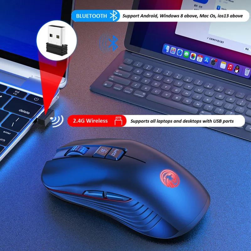 Mouse Mode Ganda Nirkabel Bluetooth 2.4G Tipe-c Isi Ulang RGB Optik 500Mah Mause dengan Penerima USB 3 Tingkat DPI Mouse Gaming