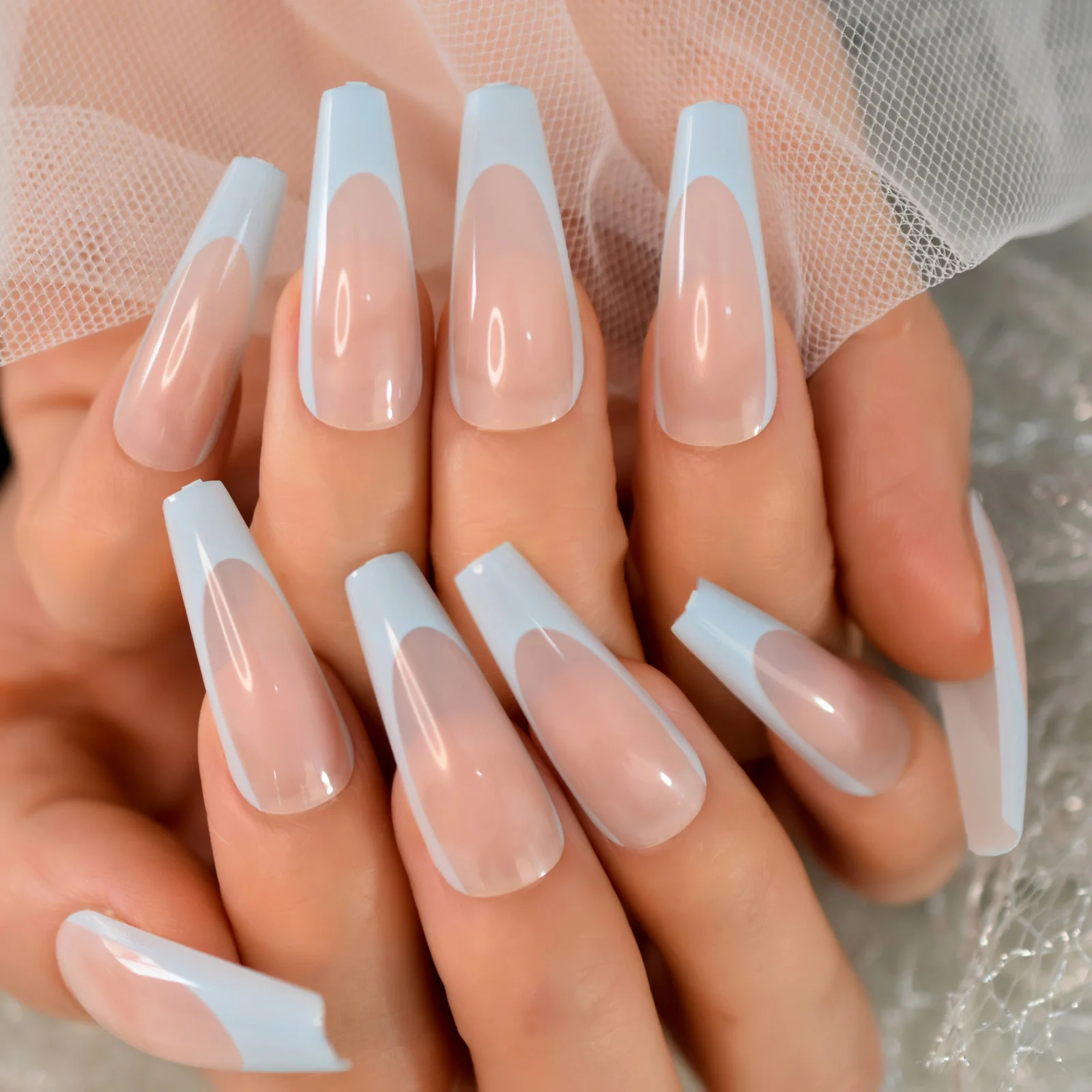 Stampa francese extra lunga lucida azzurra su unghie finte Ballerina nuda Bara Stampa sulle unghie Suggerimenti per nail art con copertura completa