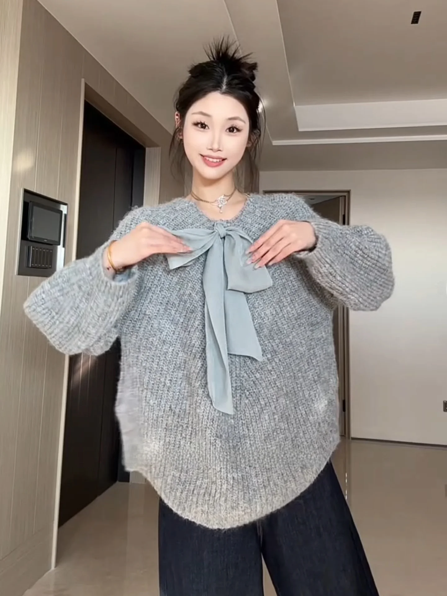 

Rich Girl Sle вязаный свитер женский осенне-зимний свободный ленивый топ с завязками Thi Weave теплый длинный све