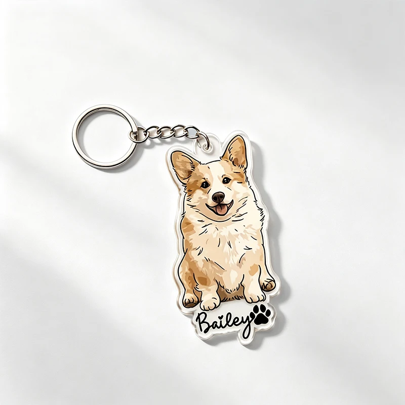 Custom Acrylic Pet Photo Keychain Custom 2D Flat Cat And Cog Design With Paw Prints Name Personalized Memory Gift For Pet Lovers