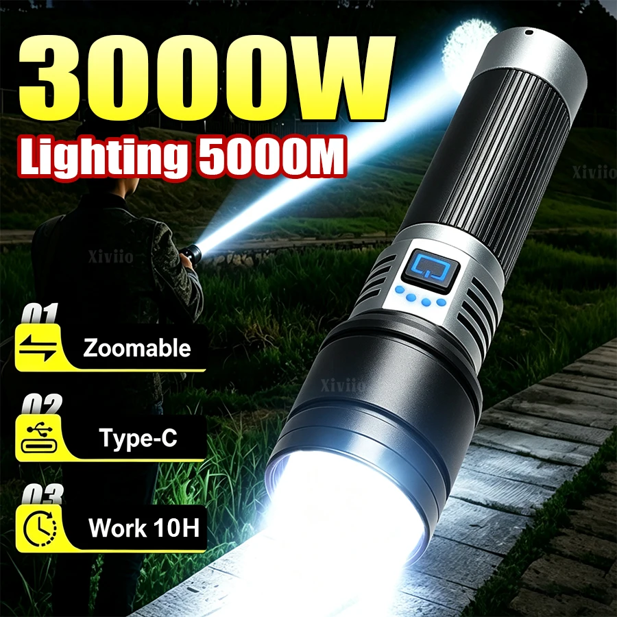 10000000LM 3000W High Power Flashlight Usb Rechargeable Torch Telescopic Zoom 5000m Super Powerful Flashlights Outdoor Lighting