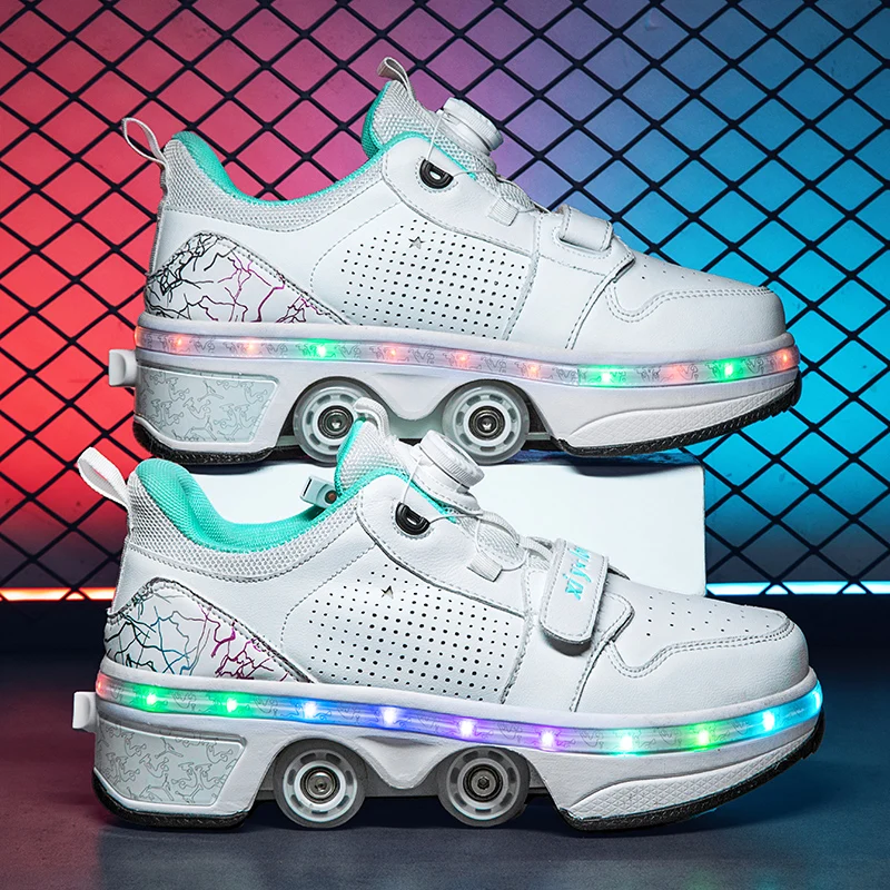 Image 4: Chaussures de Parkour LED Déformables à Quatre Roues, Baskets Décontractées Unisexe, Chaussures à Roulettes Déformables, Chaussures de Skate