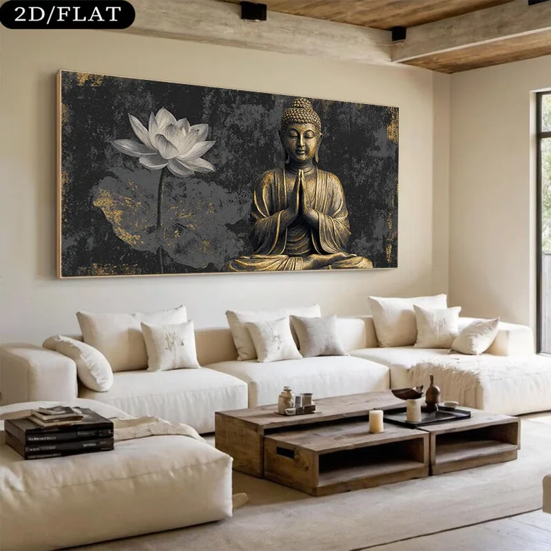 Frameless Buddha Wall Art Buddhist Meditation Lotus Flower Canvas Prints Modern Zen Decor for Living Room Bedroom Yoga Studio