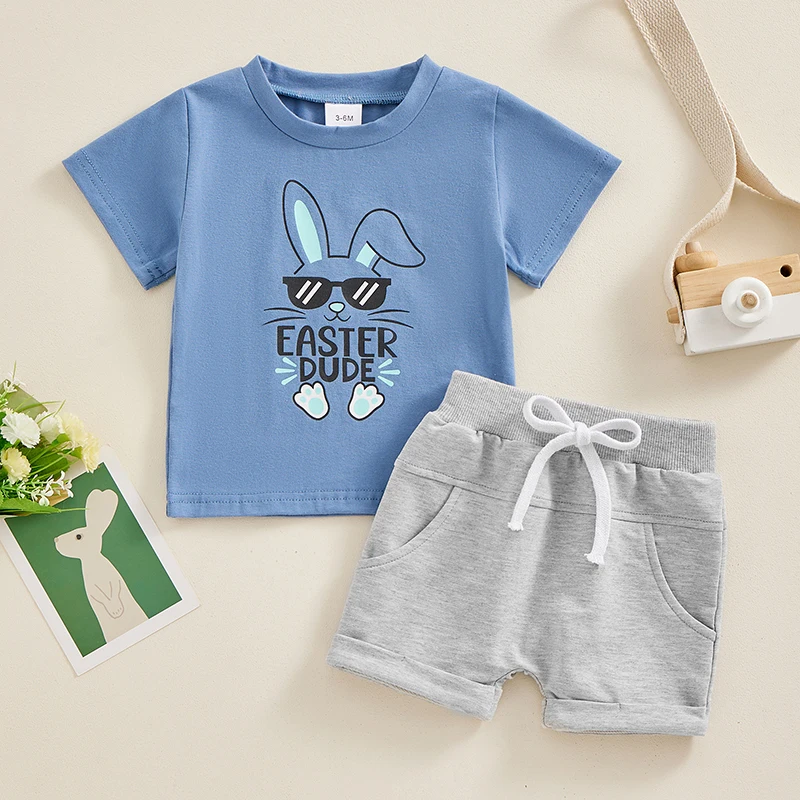 

2023-12-11 Lioraitiin 3M-3Y Summer Toddler Boys Outfits Easter Bunny Print Short Sleeve T-Shirt and Elastic Shorts Clothes Set