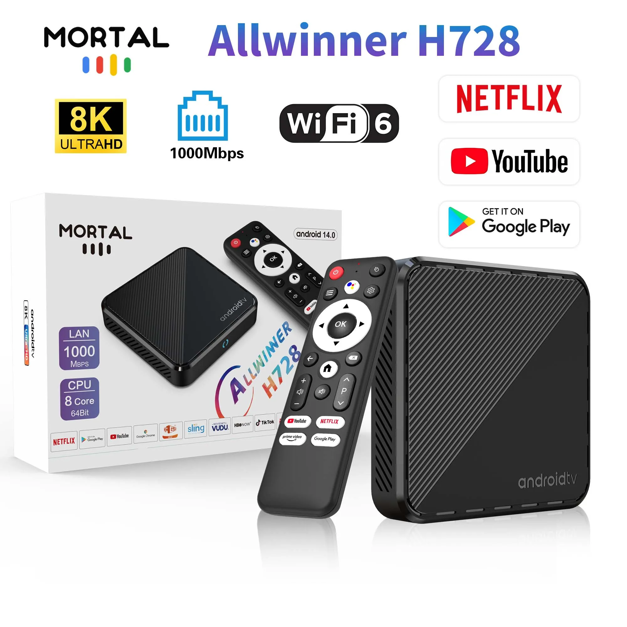 أندرويد 14.0 التلفزيون الذكي مربع allwinnerh728 يوتيوب يهز صوت جوجل شبكة الطيران 8K إيثرنت 1000M واي فاي 6 HDR10 + تعيين الإطار الأعلى MortalH728