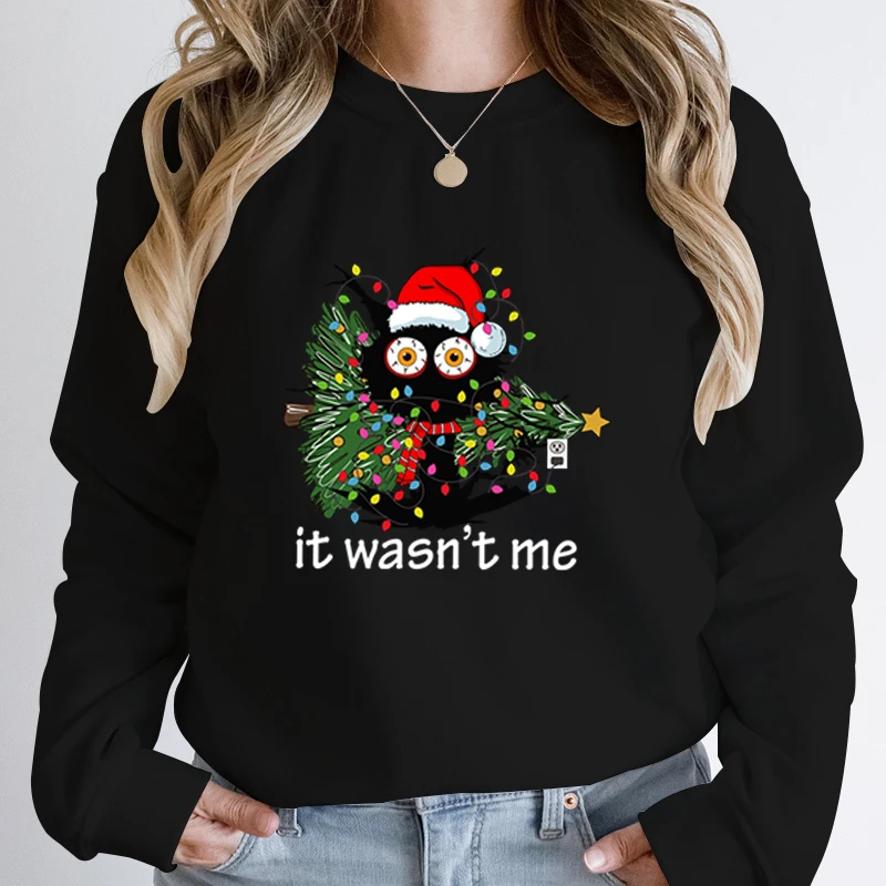 Christmas Tree Cat It Wasn\'t Me Print Pullovers Round Neck Tops Women Hoodless Sweatshirts Long-sleeved Autumn Winter Sweatshirt