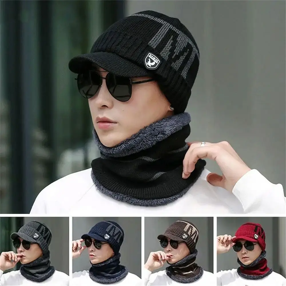 

2Pcs/Set Outdoor Thickened Windproof Hat Scarf Winter Wool Beanie Cap Warm Soft Knitted Hat for Men Women