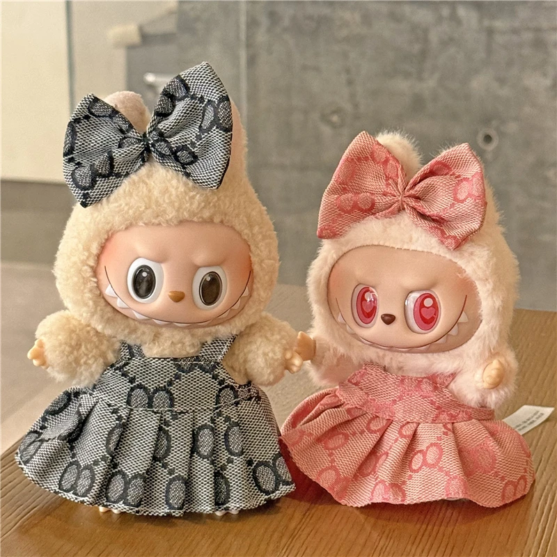15 17 Cm Voor Labubu Mini Pop Kleding Luxe Jurk Strikje Tweedelige Set Kleding Messenger Bag Schoenen zitten Party Accessoires