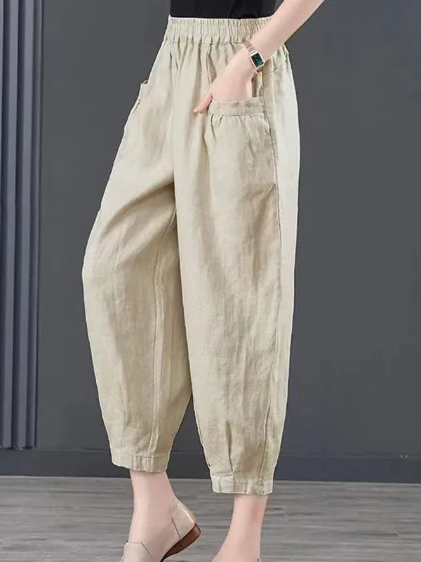 Calças Femininas Soltas de Algodão e Linho de Verão 2025, Cintura Alta, Comprimento Nove Pontos, Cor Pura, Duráveis, Confortáveis e Casuais
