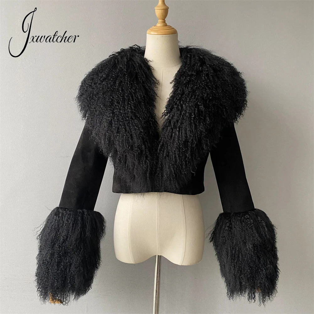 Jxwatcher Women Real Suede Jacket with Big Mongolian Sheep Fur Collar Lady Winter Fashion Short Coat Lamb Fur Cropped Coats New