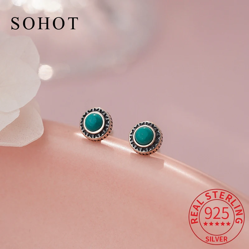 

Настоящее серебро 925 пробы, круглые бирюзовые серьги-гвоздики с бусинами, индивидуальные серьги-гвоздики для женщин, модные ювелирные изделия, этнические аксессуары