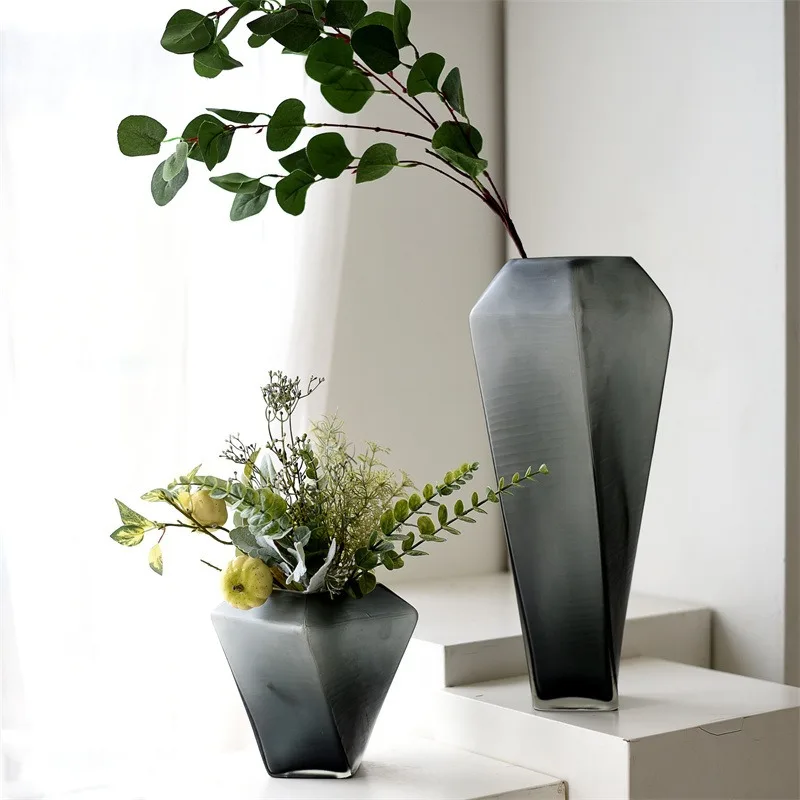 Gray matte leaning tower creative glass vase European simple style light luxury living room