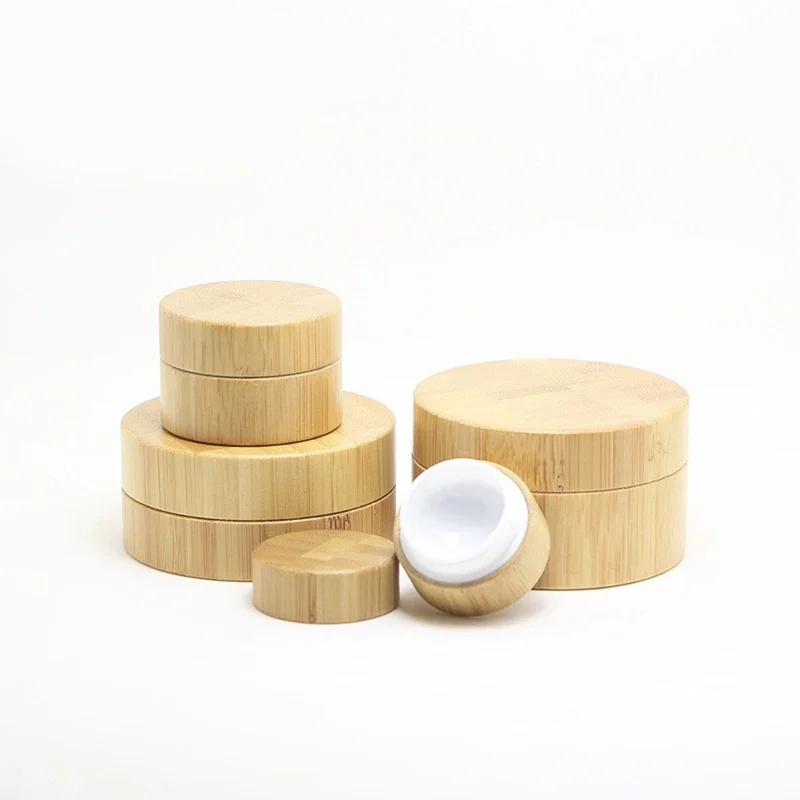 Frasco de plástico com tampa de bambu coberto de creme frascos de plástico lote recipiente de creme de essência pote de vidro de proteção ambiental com tampa