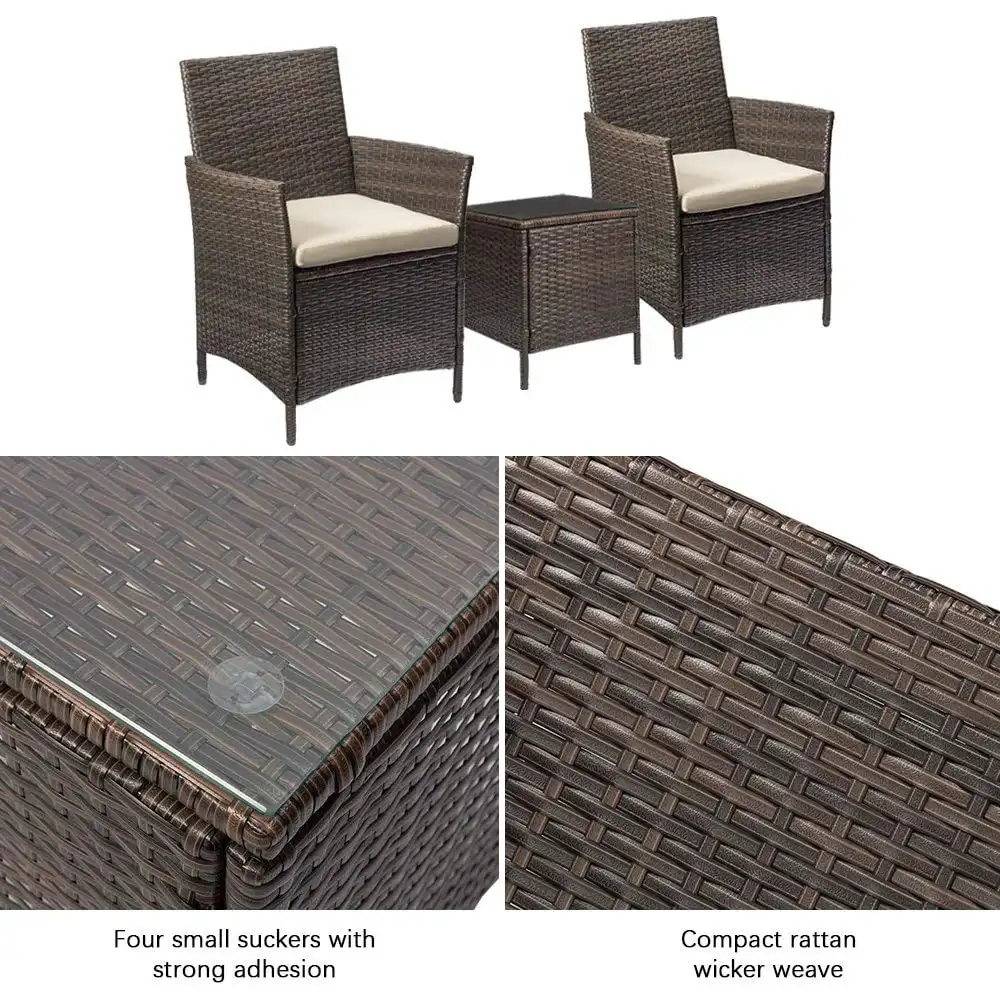 3 Pieces Outdoor Patio Furniture PE Rattan Wicker Table and Chairs Set Bar Set with Cushioned Tempered Glass, Brown/Beige, 2 image 6