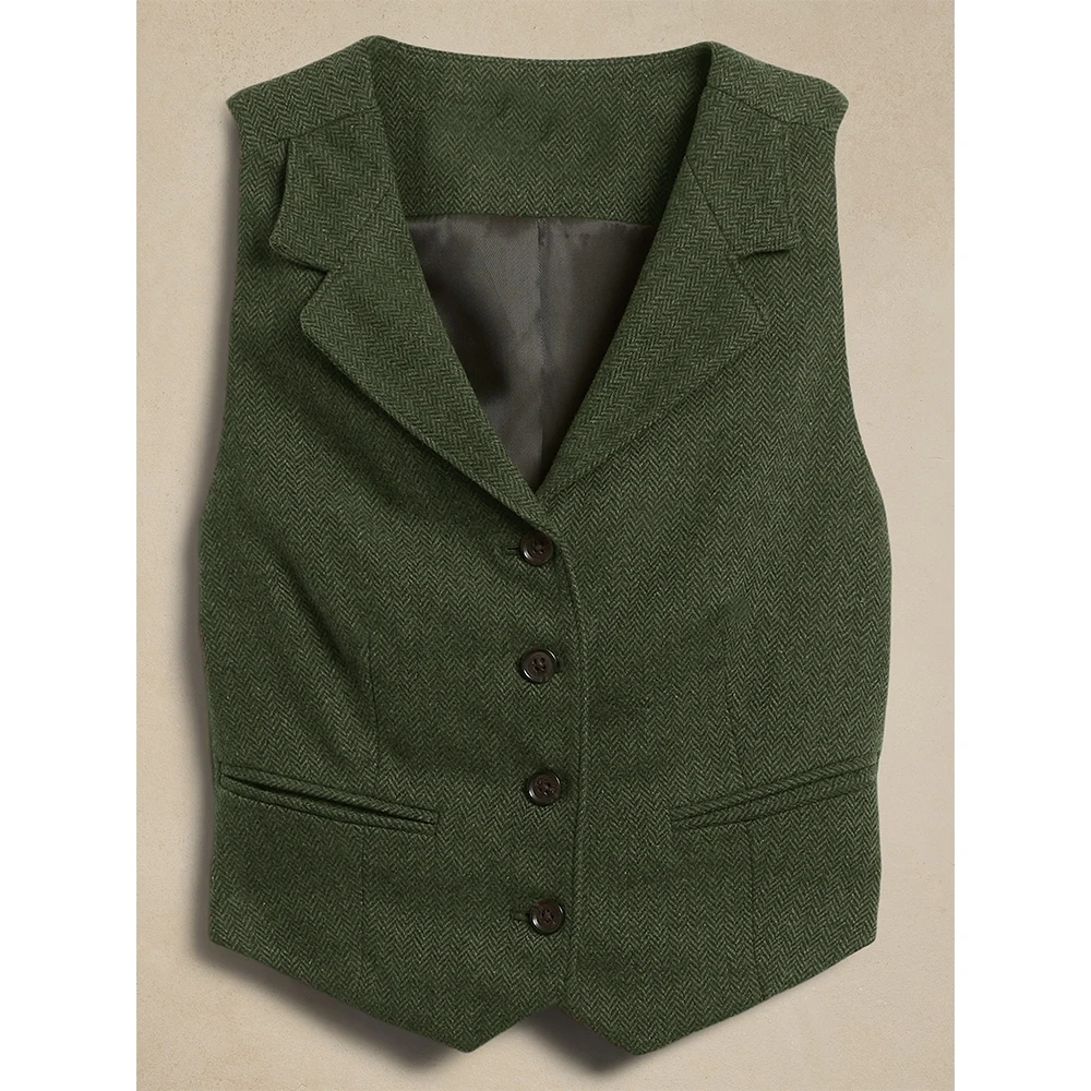 Women's Suit Vest Herringbone Tweed Waistcoat 2000s Top Notched Collar 4 Button Ladies Retro Jackets Clothing