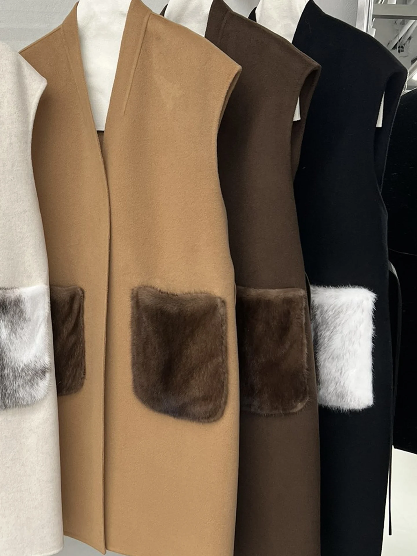 고품질 캐시미어 울 조끼, 중간 길이 밍크 포켓 타이 웨이스트 중간 길이 민소매 양면 울 가디건