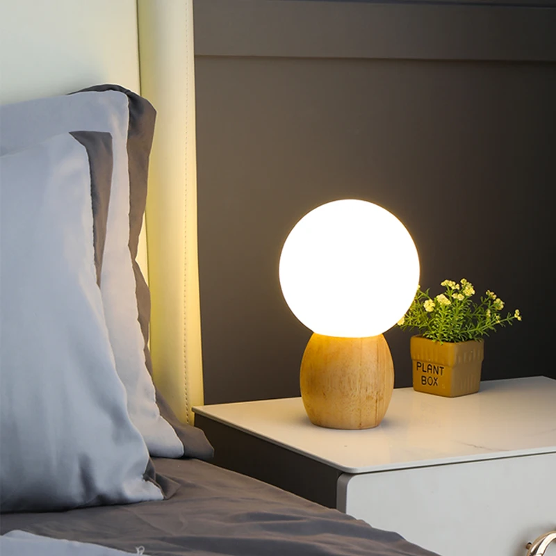 Nordic Wood table lamp milk white glass ball decor Bedroom bedside lamp Study Children's eye protection warm LED desk lamp