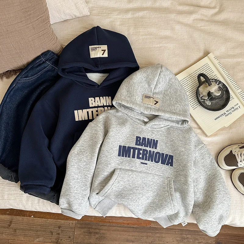 

2025 Autumn Winter Cotton Letter Fleece Sweatshirt Children Kid Clothes Hood Top Trendy 3-10 Years Pullover Thick Warm Bottom