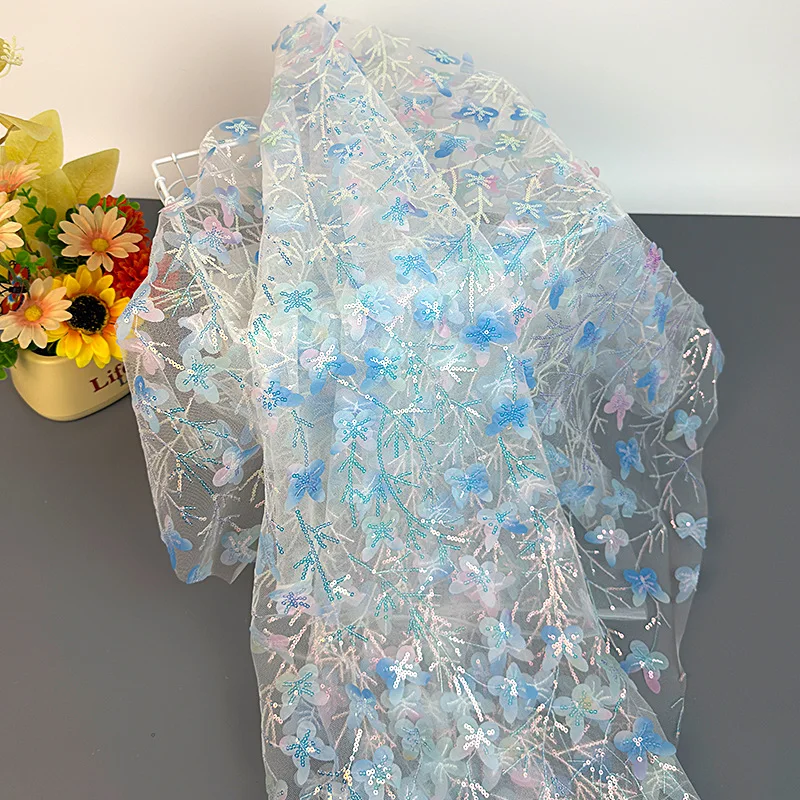 90x130cm Farbverlauf Schmetterling Pailletten Tüllstoff 3D Bestickter Netzstoff Hintergrund Party Deko Material Bühnenkostüme Ethnische Kleidung – Detail 9
