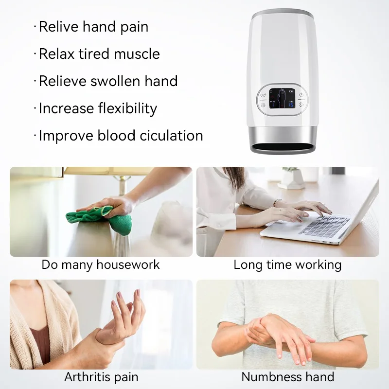 Lengthen Electric Hand & Wrist Massager with LCD Screen Pain Relief Air Compression Palm Fingers Carpal Massage with Therapy