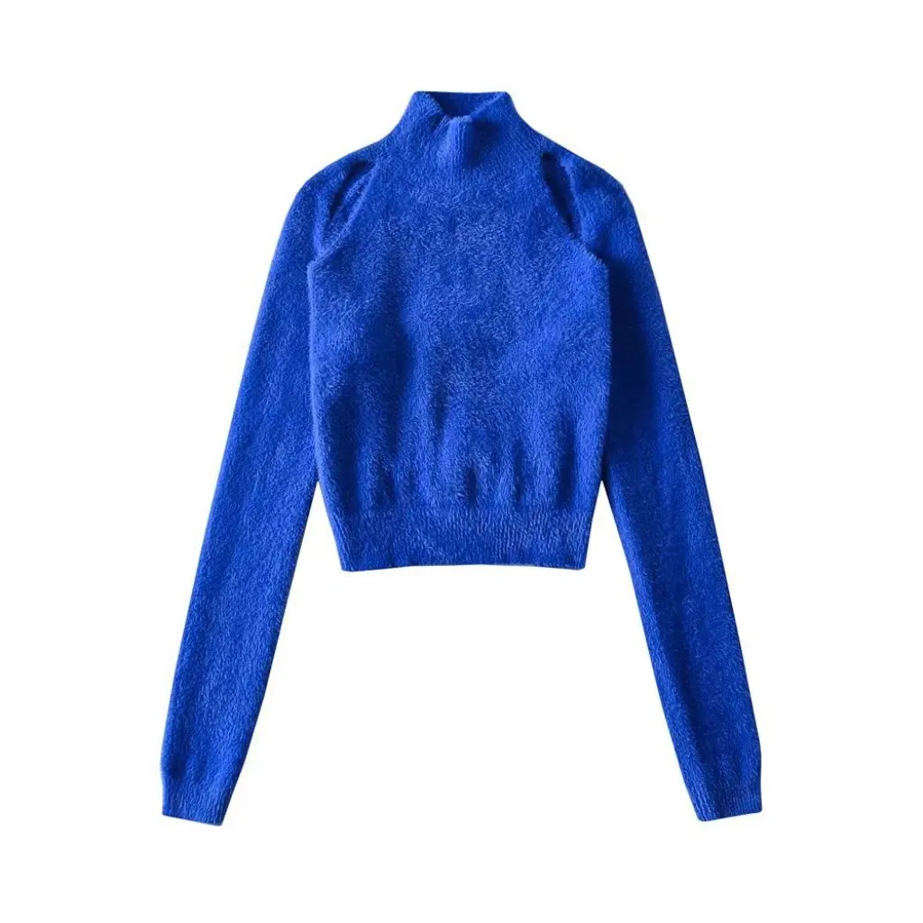 

YPFF Women's Knitwear Backless Lace-Up Pullover Long-Sleeved Short Sweater Half-Turtleneck Shoulder-Exposed Solid Color Top