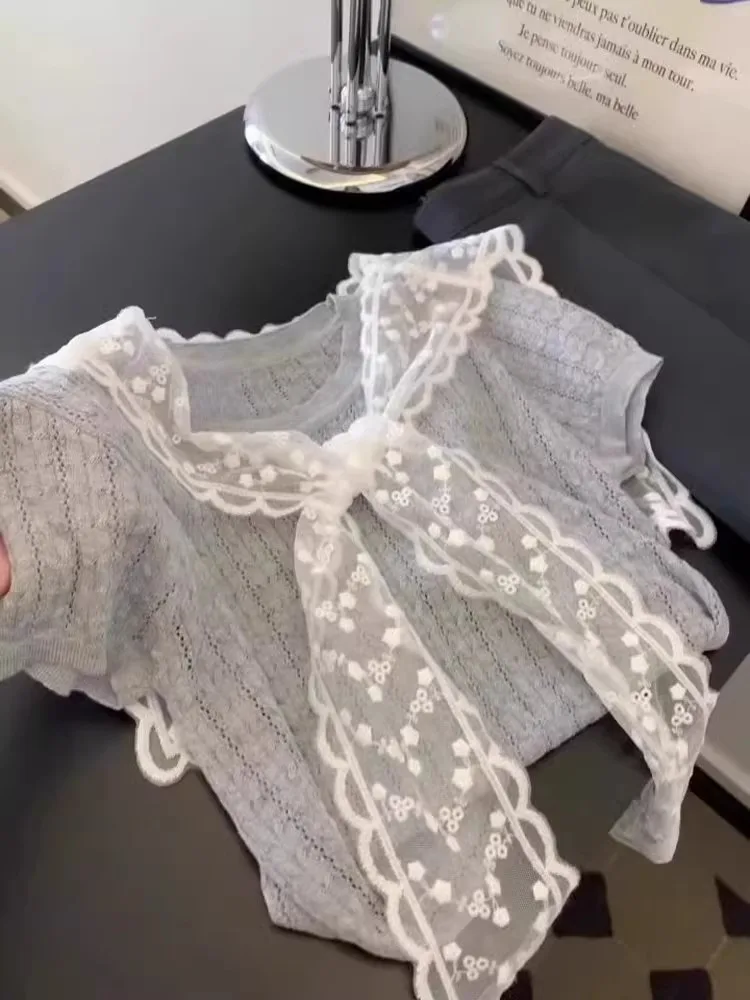 

Retro Korean Style Lace Shoulder Wrap Short Sleeve Knitted T-Shirt Women's Summer New Style Anti-Aging Base Layer Inner Wear