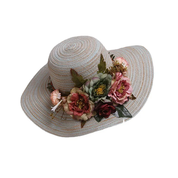 

Large Peony Wide Brim Summer Beach Cap for Women Paper Straw Foldable Breathable Sun Bucket Hat Women Flower Panama Sombrero Cap