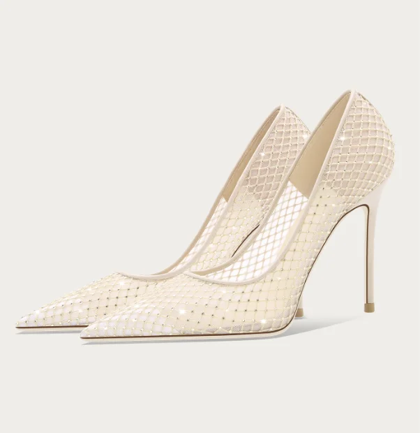 New Light Luxury and Highend Fairy Style Dress Single Shoe with Rhinestone Mesh Nude High Heels Light Champagne Bridesmaid Shoes