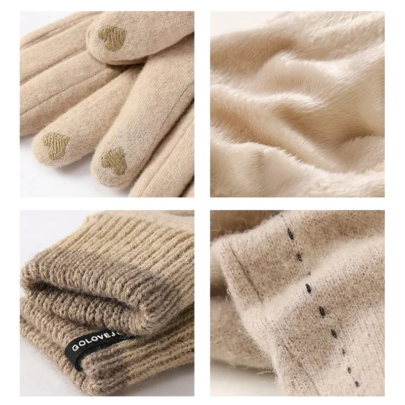 New winter 60%wool gloves women outdoor windproof cycling fleece-lined warm touch screen knitted wrist mouth DY47