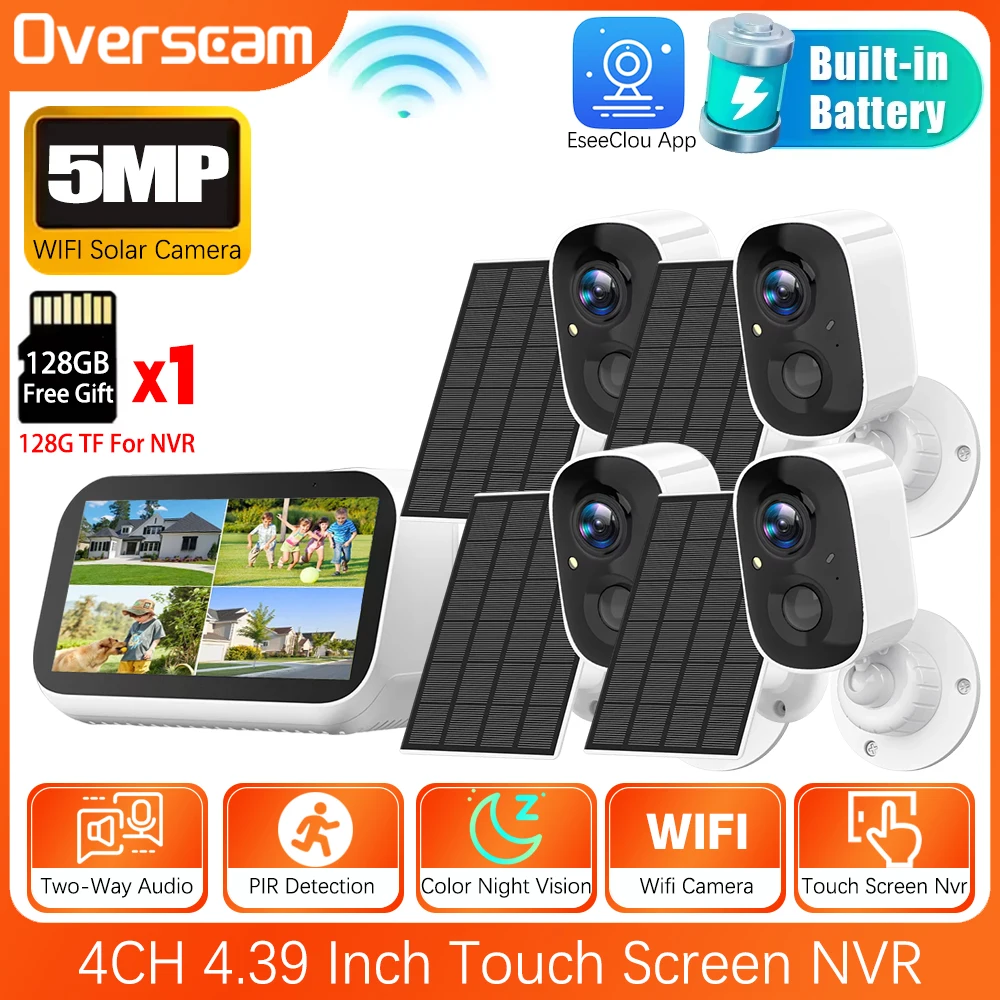 4CH 4.39 Inch Screen NVR 5MP Wireless Solar IP Camera System Kit Outdoor WiFi Solar Security Camera Set PIR Detection EseeCloud