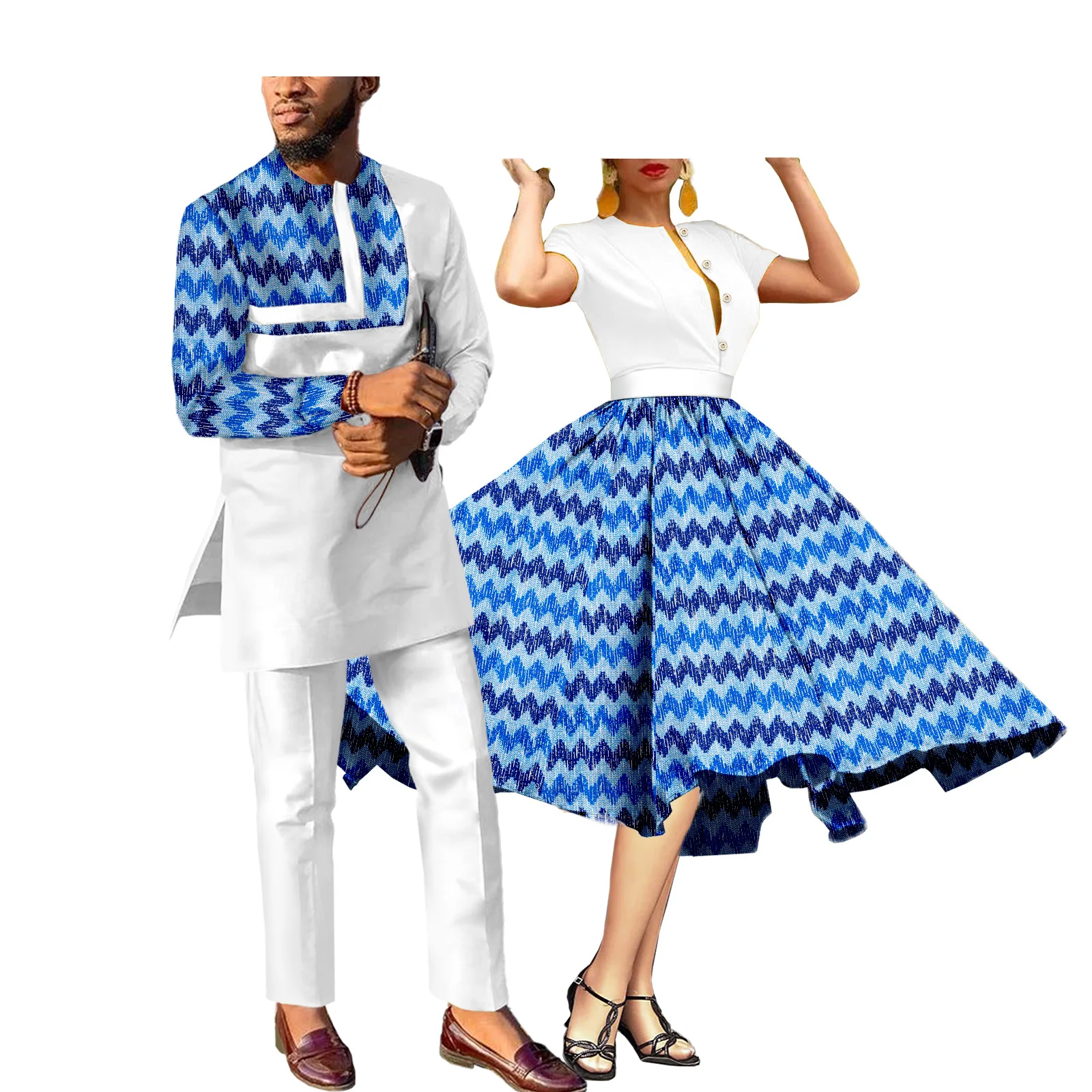 African Couples Women Print Wax Cotton Fashion Patchwork Hot Dress & Men 2 Pieces Shirt and Pants Sets