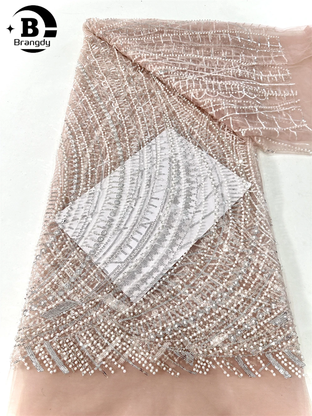 

Pink Elegant Hand-Eembroidered Sequin Beaded Lace 2025 High Quality French Groom Lace Mesh Fabric Bead Sewn Dress Wedding Party