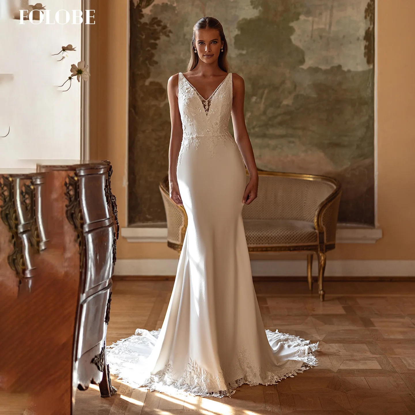 

FOLOBE V-Neck Wedding Dresses Exquisite Applique Mermaid with Sleeveless Sweep Train Bridal Gown vestidos de noche Customized