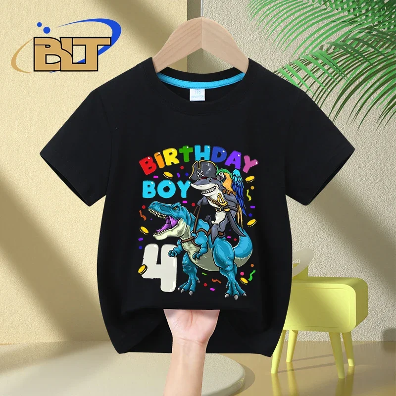 4th Birthday Dinosaur T Rex Shark Print Kids T-shirt Summer Cotton Short Sleeve Boys Girls Birthday Gift