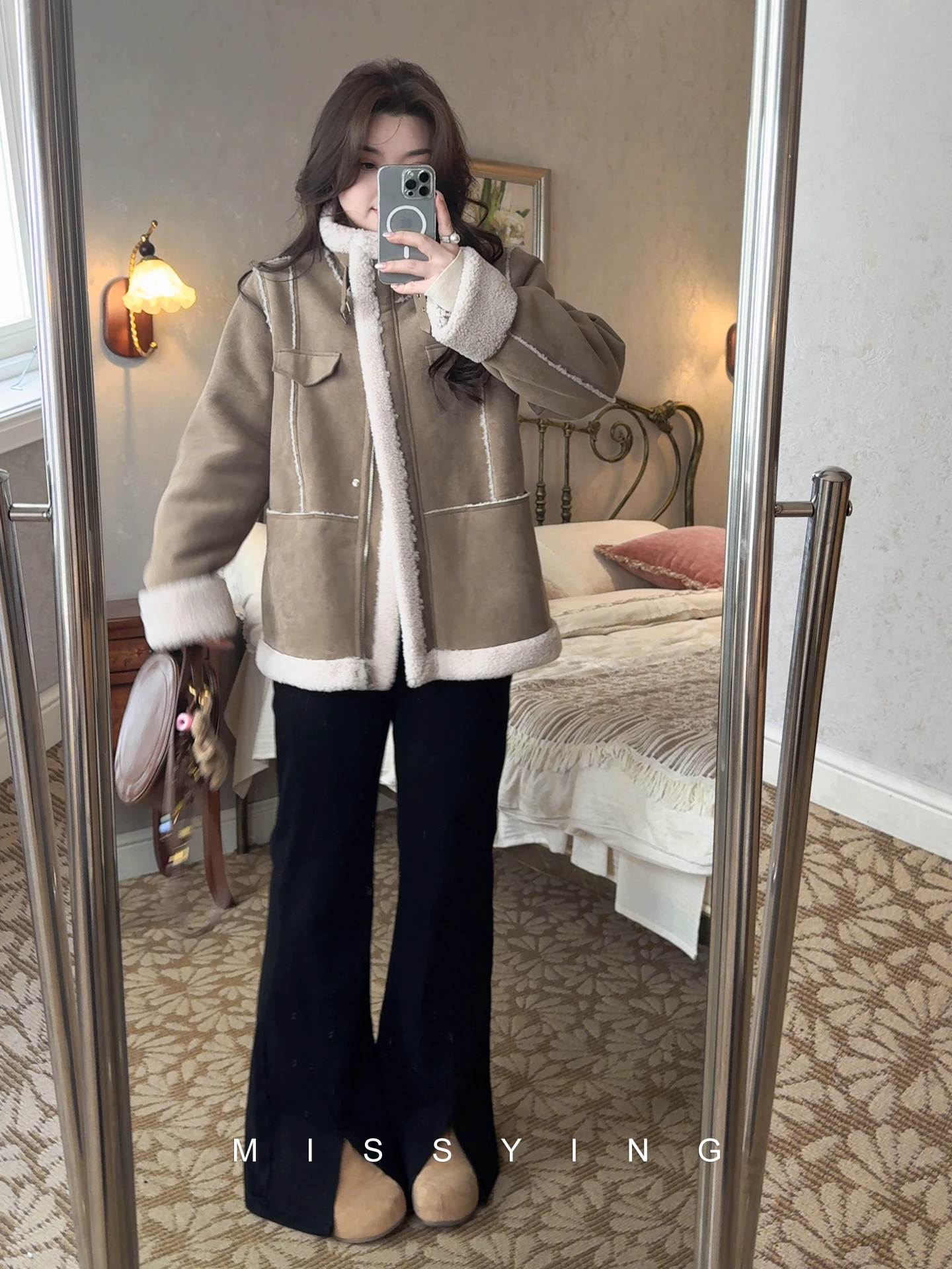 Korean Sle Faux Fur Biker Jaet Large Size Women's Coat Warmth Straight Cut Polyester Blend Long Sve Button Closure