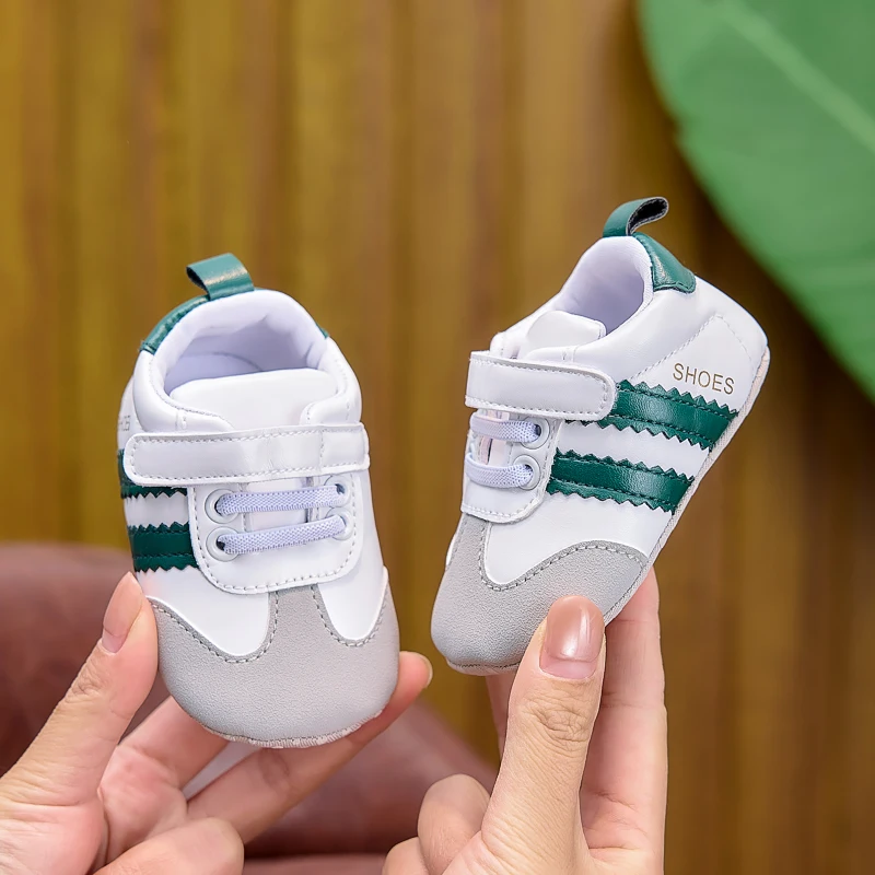 Frühlings- und Herbst-Babyschuhe, farblich abgesetzte, gestreifte Babyschuhe mit Klettverschluss, Lauflernschuhe mit weicher Sohle für Neugeborene, 0–12 Monate, Schuhe für Jungen und Mädchen – Detail 11