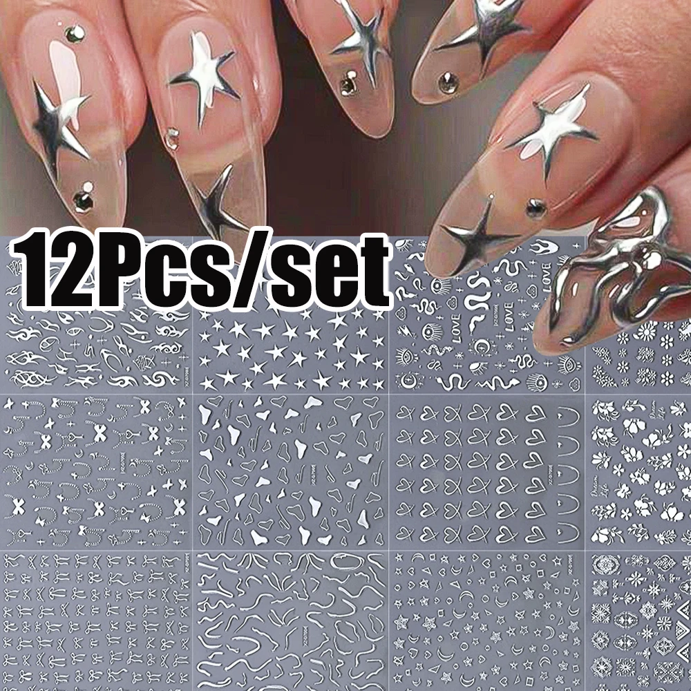 12개/세트 크리스마스 3D 메탈릭 실버/골드 네일 스티커 나비, 불꽃, 하트, 달, 뱀 실버 네일 데칼 Y2K 실버 슬라이더&*