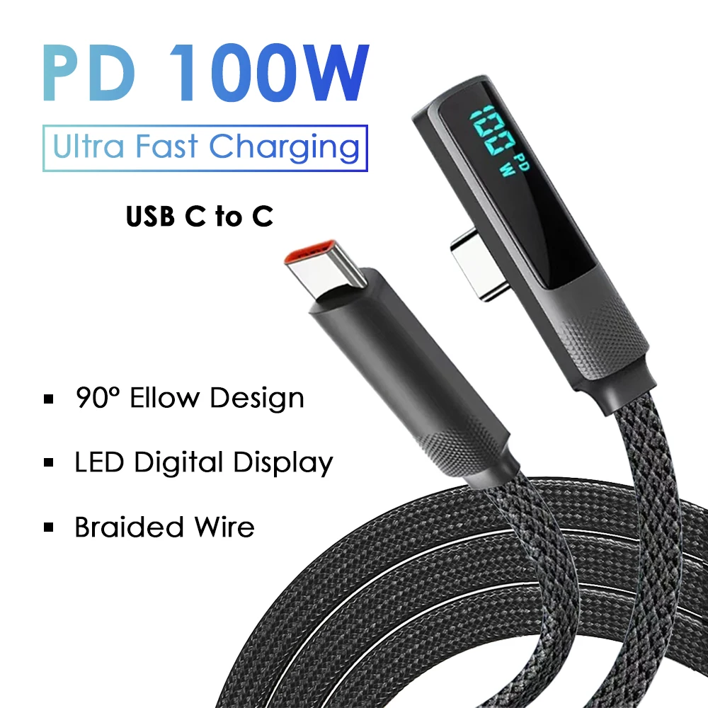 

Elbow USB Type C To C PD 100W Fast Charging Cable For iPhone 17 16 15 Pro Max MacBook Pro LED Digital Display Braided Data Cord