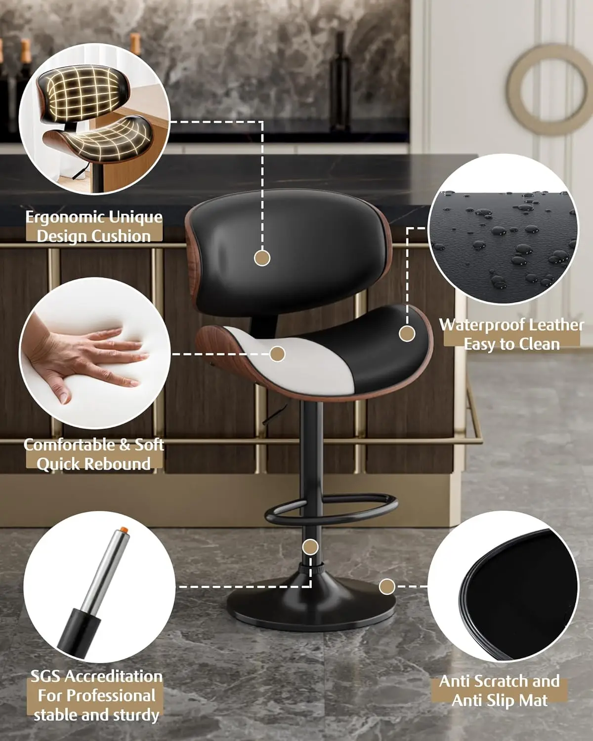 바 스툴 2개 세트, 조절 가능한 회전 가죽 바 스툴, 주방 아일랜드용, 등받이와 발받침이 있는 모던한 카운터 높이 의자