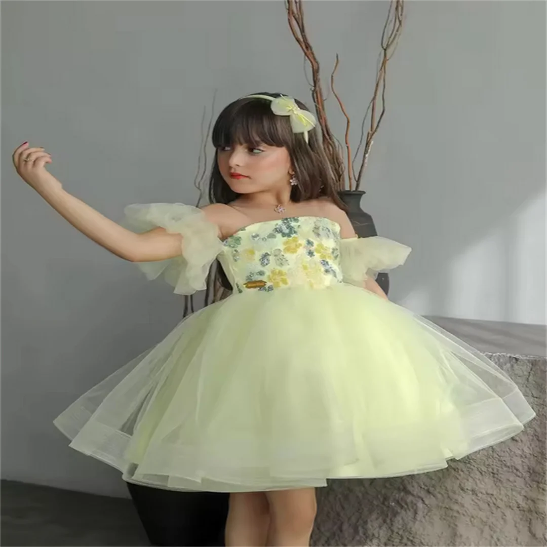 Off Shoulder Flower Girl Dress Tulle Applique Puffy For Wedding Princess Child First Eucharistic Birthday Party Dress