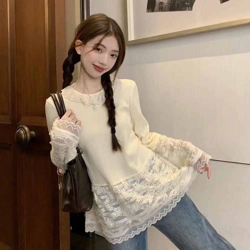 

Sweet Lace Splicing Long Sleeved T-shirt for Spring Autumn New Young Girl Style Wear Inside Outside Casual Commuting Chic Top