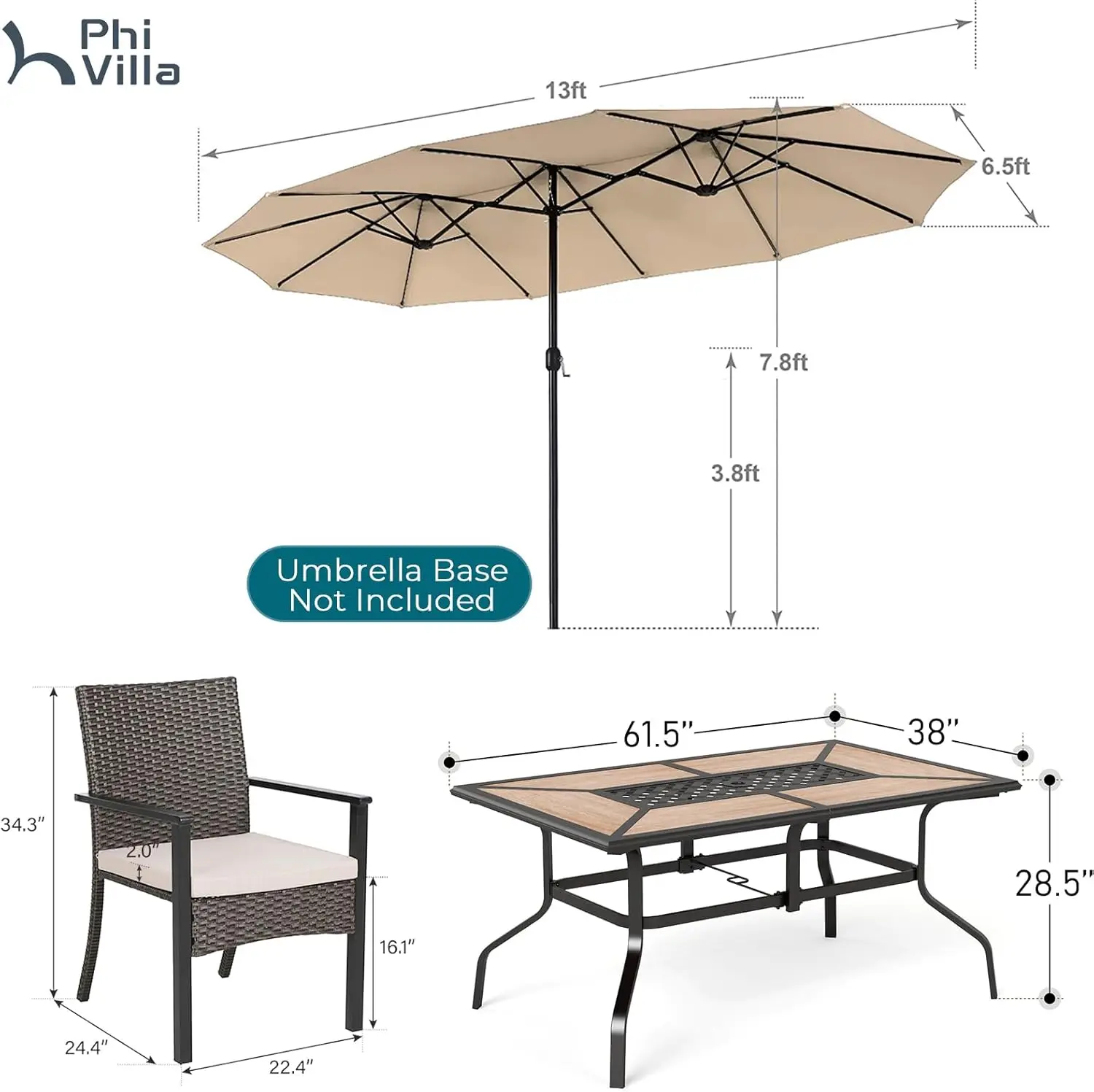 PHI VILLA-Juego de comedor al aire libre con paraguas para 6 personas, mesa Rectangular de Metal, sillas de mimbre con cojines, 7 piezas