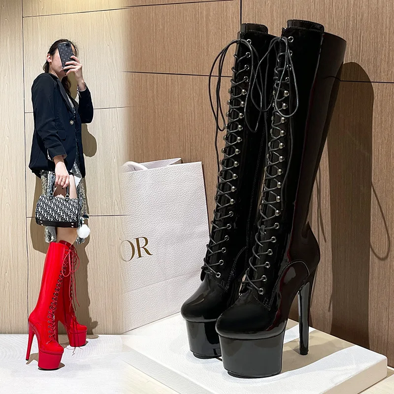 Platform Women Boots15 17CM Spring/Autumn Waterproof Bright Patent Leather Plus Size Knee-High Boots Tacones Mujer Talon Femme