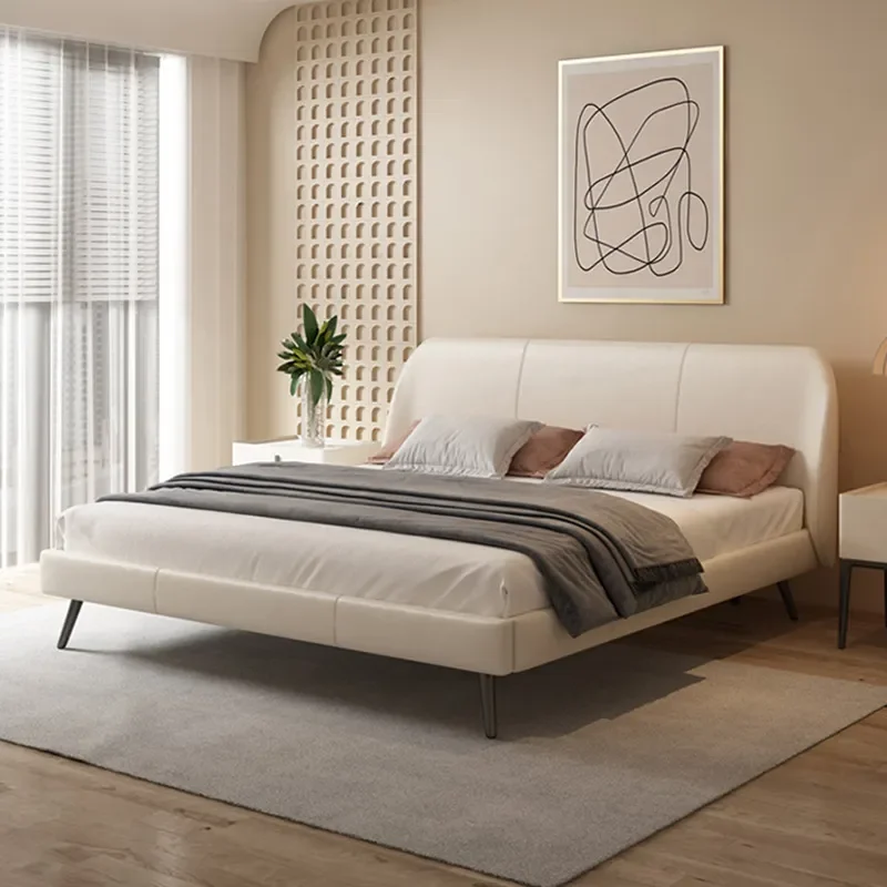 for Hyacinth Leather Bed Modern Simple Light Luxury Master Bedroom High Foot Flush Edge Solid Wood Frame Art Leather Bed