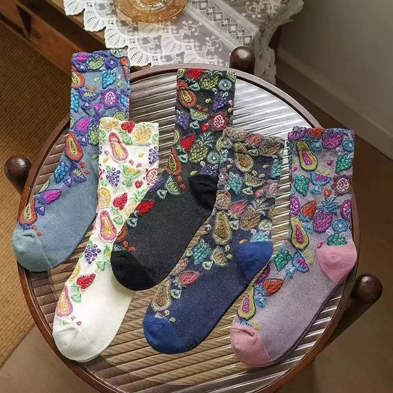 

5 Pairs Fancy Women's Mid Length Cotton Winter Fall Socks Long Socks with Print Ethnic Style Retro Japanese Style Warm Socks Set