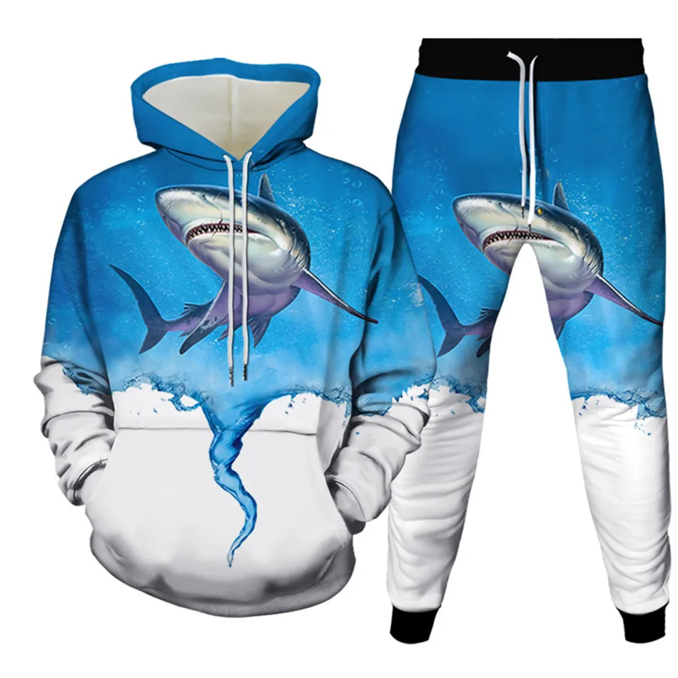 Men Women's Casual 2 Piece Tracksuits Animal Shark Dolphin Fish Print Plus Size S-6XL Hoodies+Trousers Streetwear Outfit Clothe