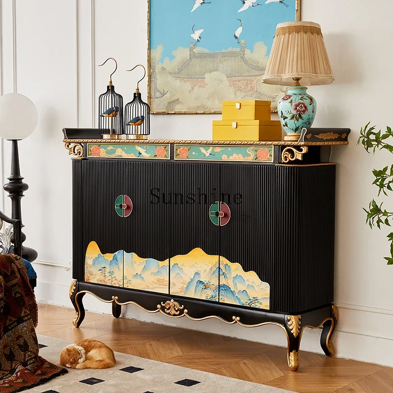 Painted new Chinese-style living room entrance entrance decorative shoe cabinet antique solid wood dining edge       FT
