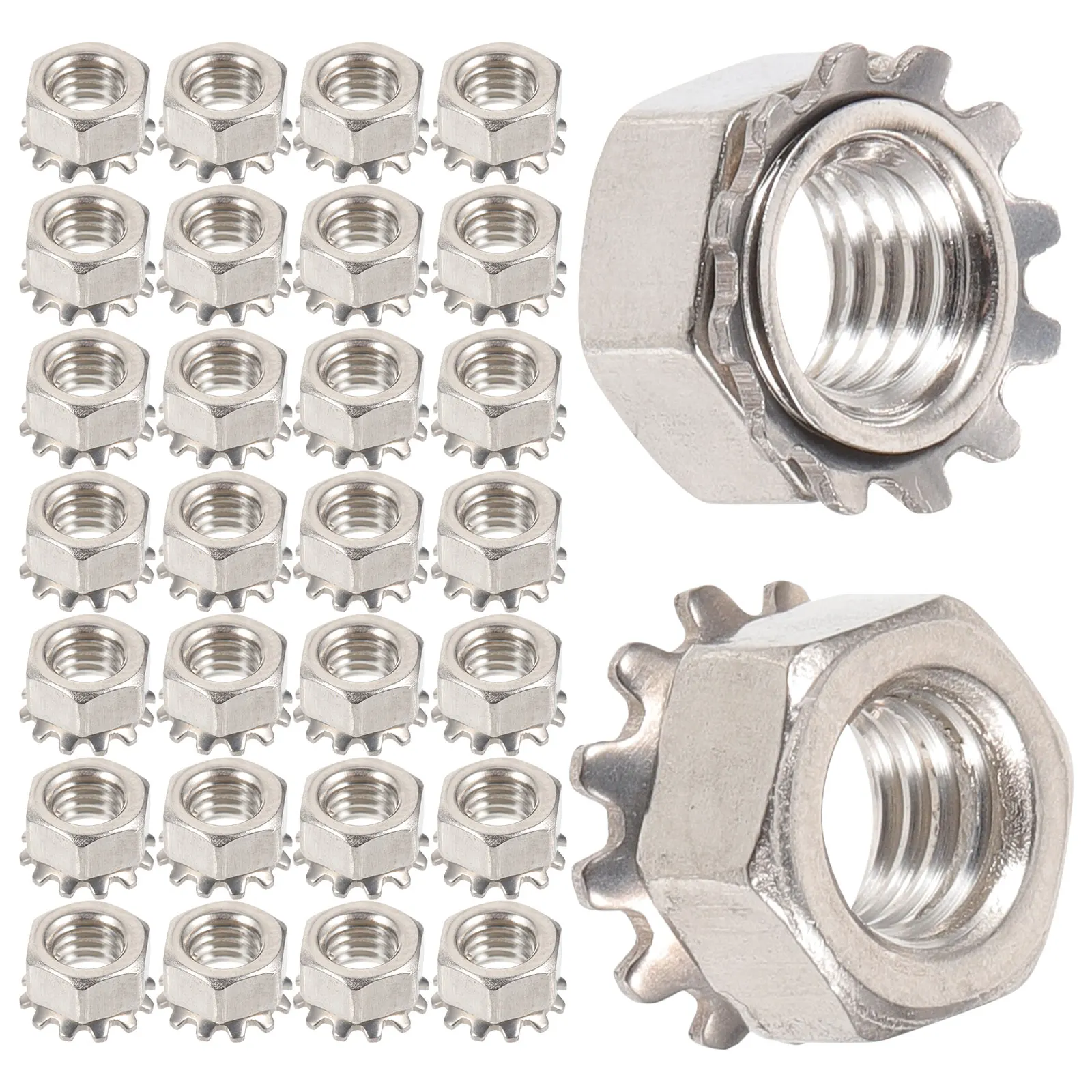 

50 Pcs Stainless Steel Screw Cap Locking Nf Thread Nuts External Tooth Star Washers
